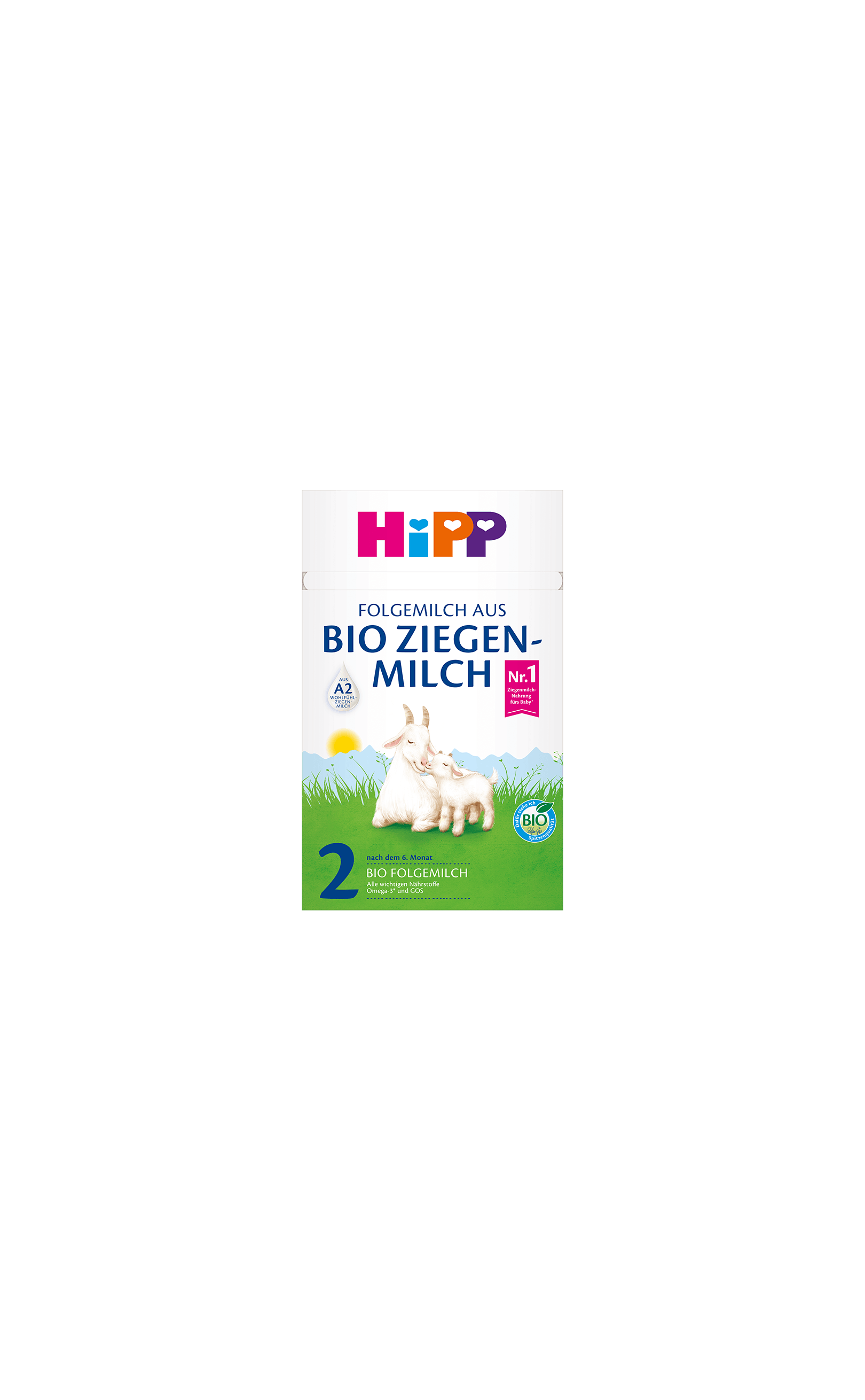 HiPP Bio Ziegenmilch Folgemilch 2 ab dem 6. Monat, Packung mit Ziege und Zicklein auf grüner Wiese