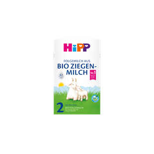 HiPP Bio Ziegenmilch Folgemilch 2 ab dem 6. Monat, Packung mit Ziege und Zicklein auf grüner Wiese