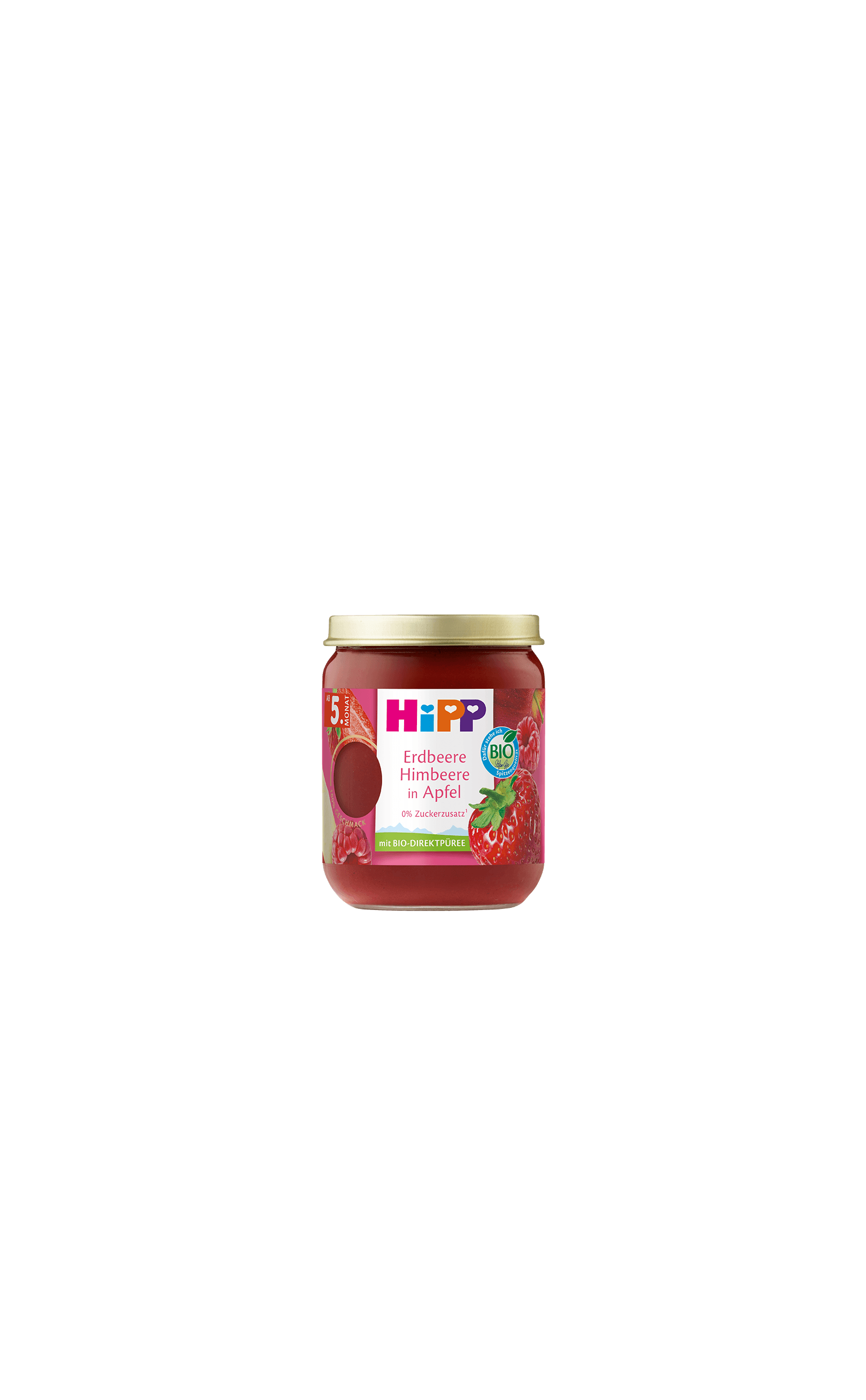HiPP Erdbeere Himbeere in Apfel Bio-Früchte-Gläschen ab dem 5. Monat vor weißem Hintergrund