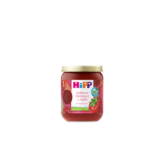 HiPP Erdbeere Himbeere in Apfel Bio-Früchte-Gläschen ab dem 5. Monat vor weißem Hintergrund