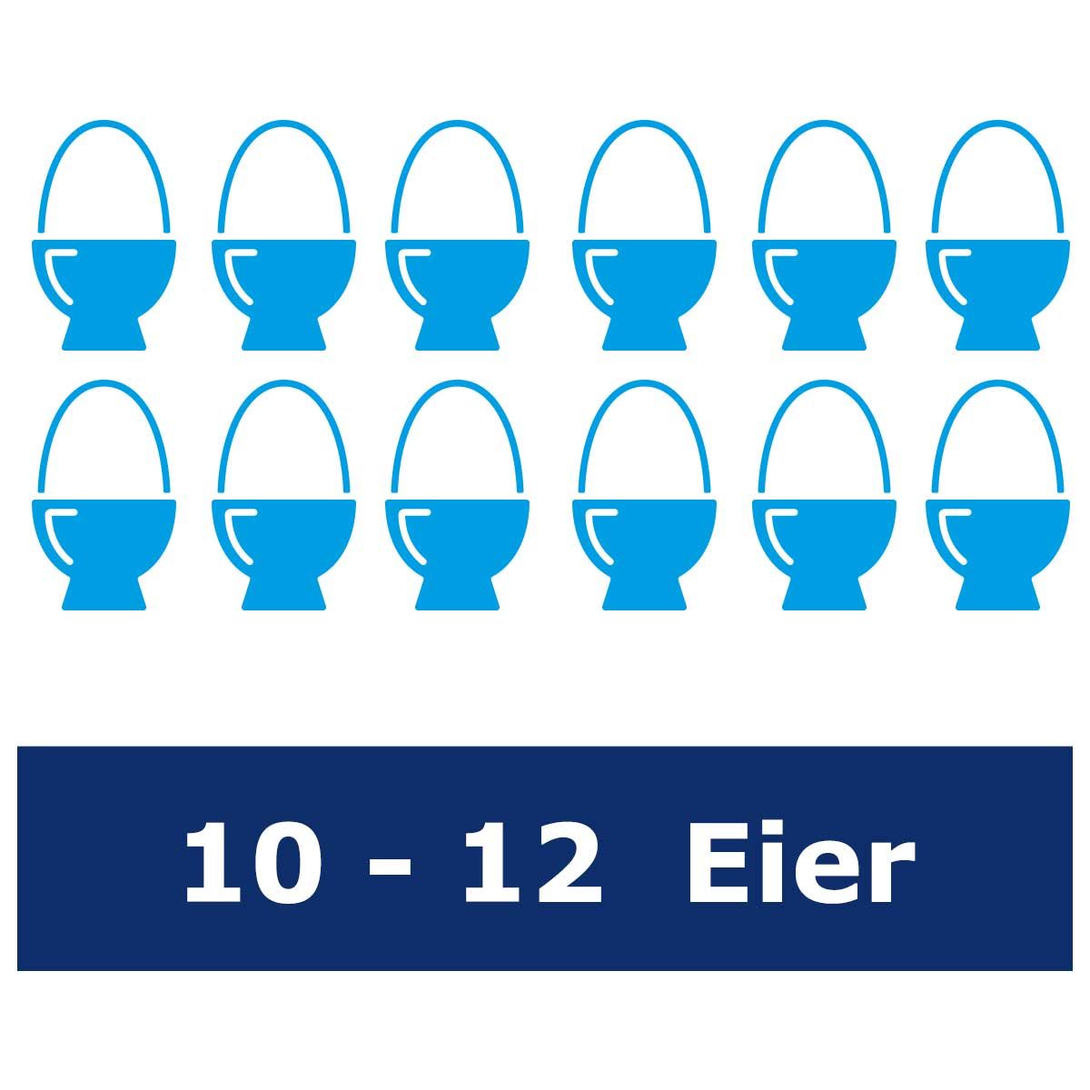 Grafik mit zehn stilisierten Eiern in Eierbechern und dem Schriftzug '10 - 12 Eier' darunter