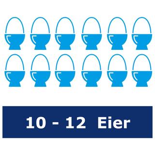 Grafik mit zehn stilisierten Eiern in Eierbechern und dem Schriftzug '10 - 12 Eier' darunter