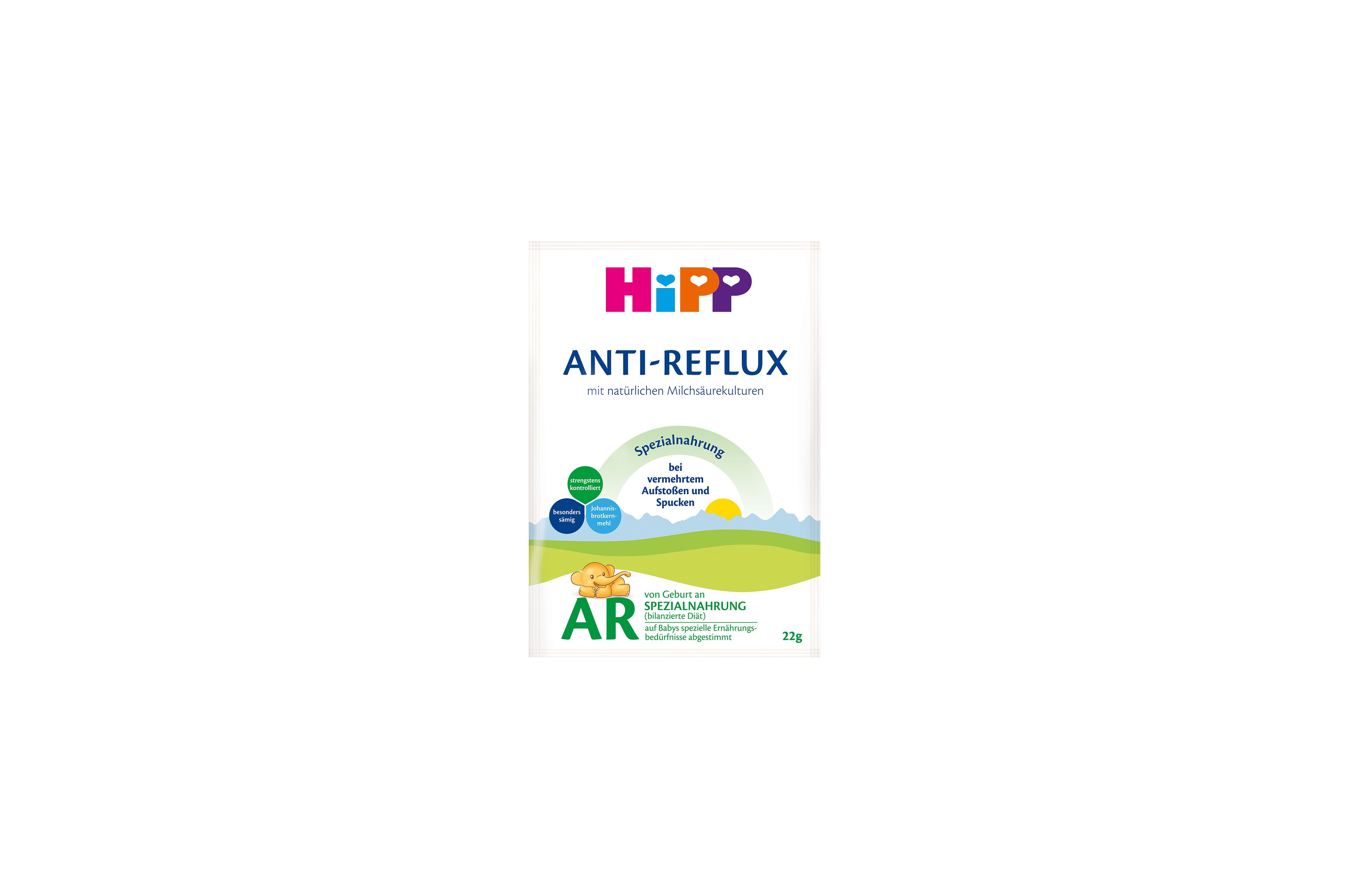 HiPP Anti-Reflux Spezialnahrung im weiß-grünen Portionsbeutel, 22 g, von Geburt an.