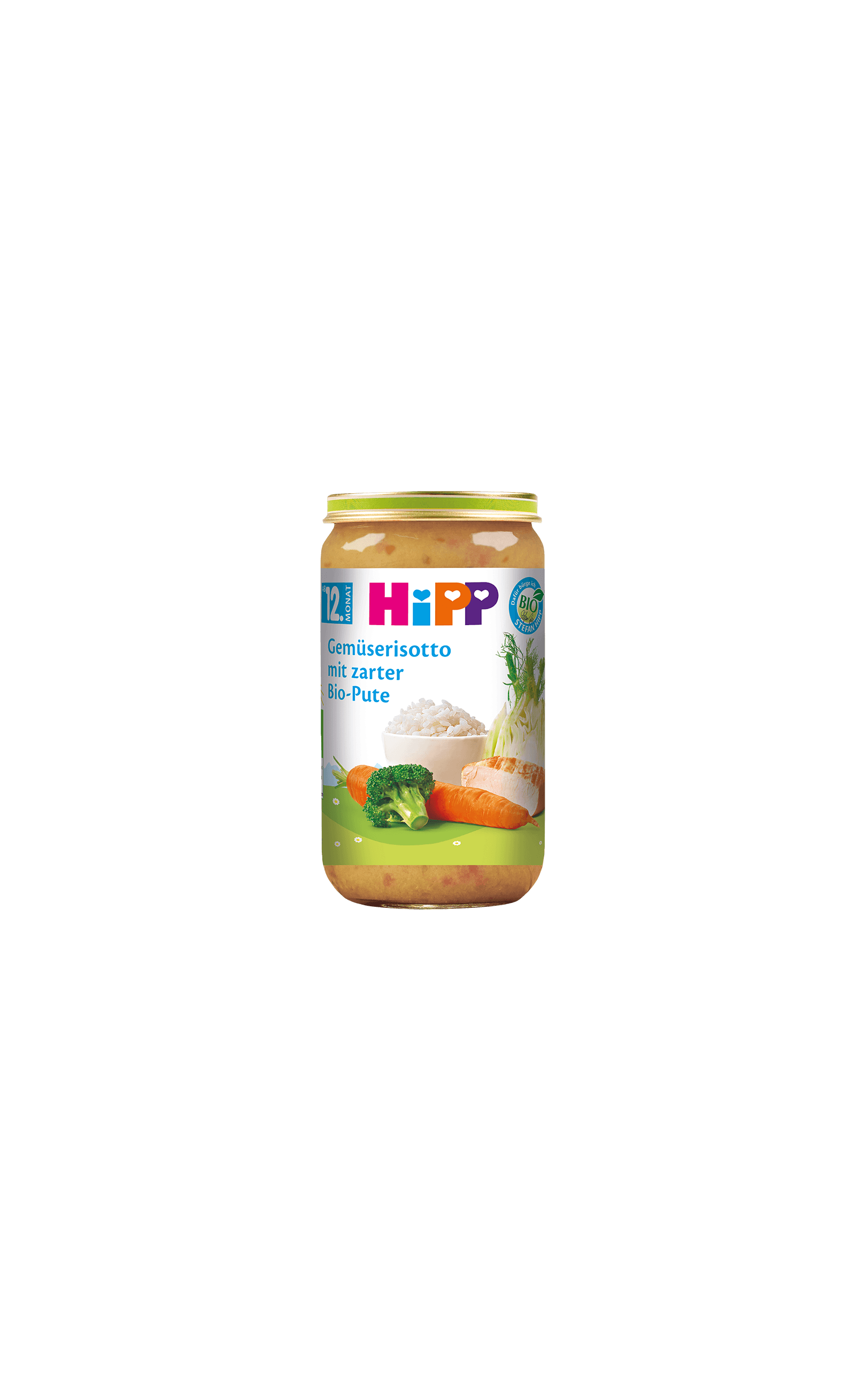 HiPP Glas Gemüserisotto mit zarter Bio-Pute 250g für Babys ab 12 Monaten auf schwarzem Hintergrund