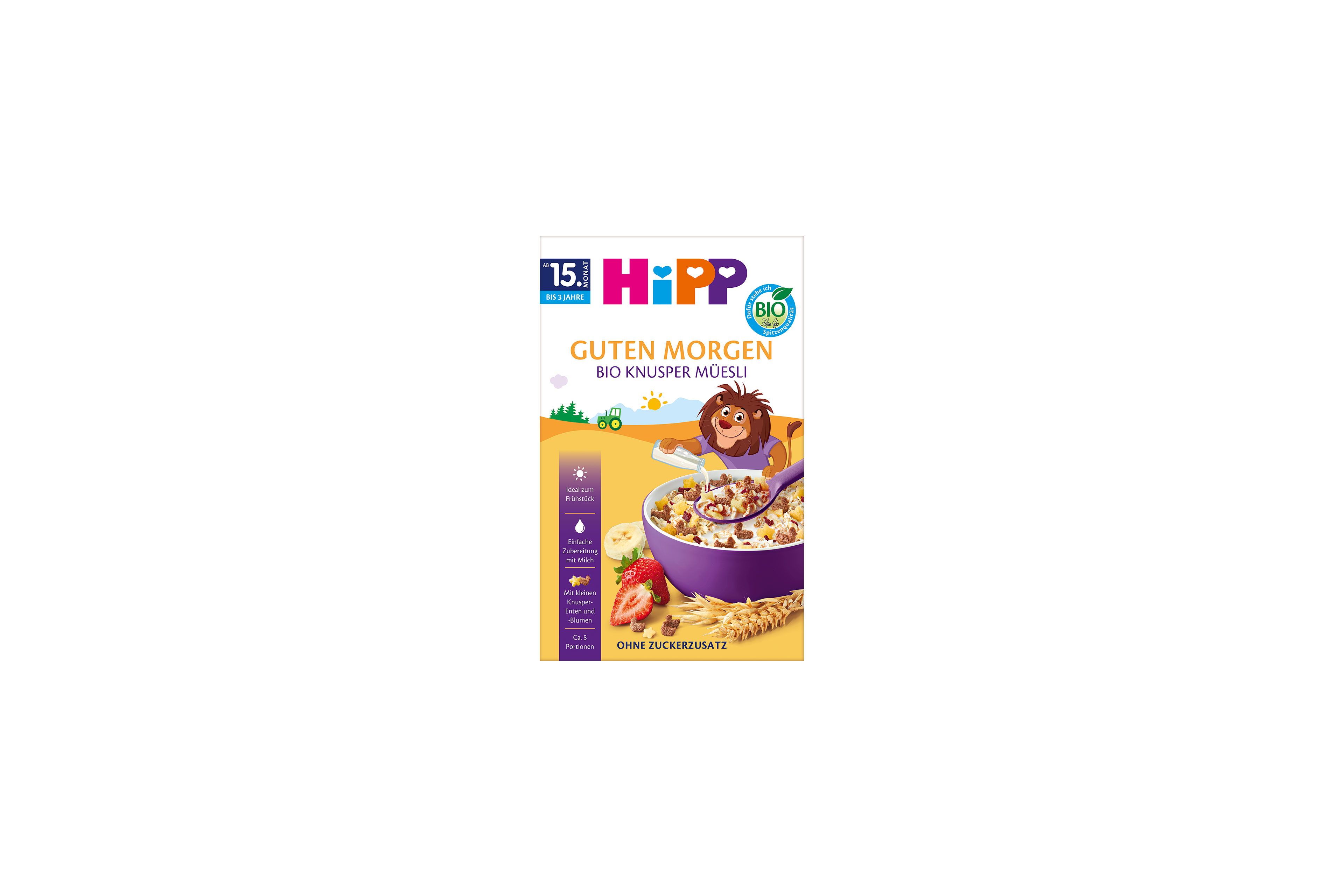 HiPP Guten Morgen Bio Knusper-Müesli Packung mit Schüssel Knuspermüsli, Erdbeeren und Getreide, ab 15 Monaten, ohne Zuckerzusatz