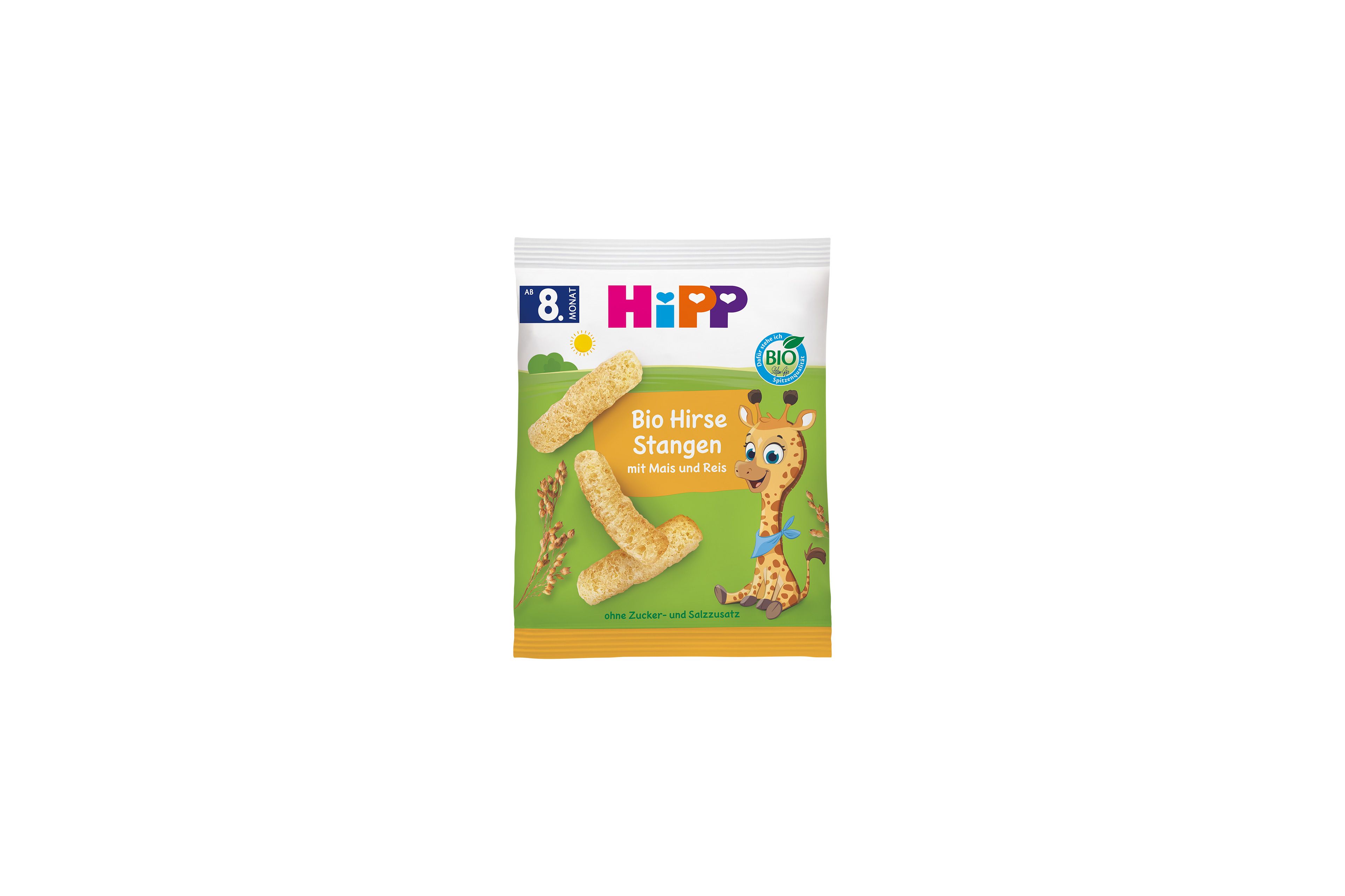 HiPP Bio Hirse Stangen Snackpackung mit Giraffenmotiv für Babys ab dem 8. Monat