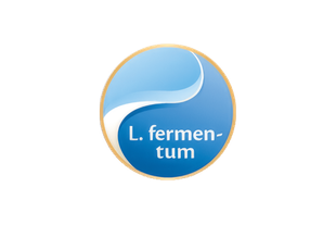 Rundes Logo mit blauem Verlauf und weißer Schrift 'L. fermentum'