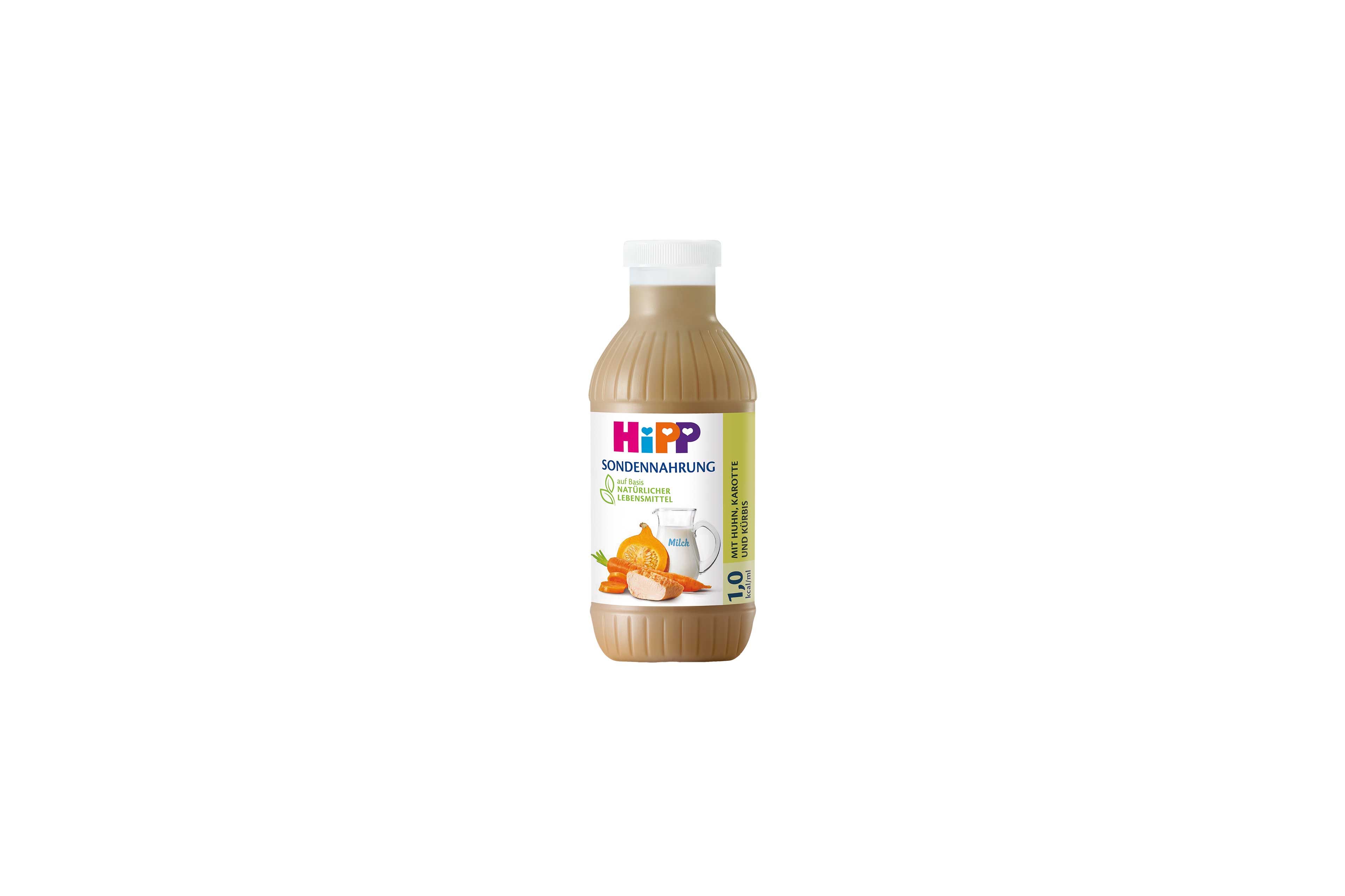 HiPP Sondennahrung 1,0 kcal/ml mit Huhn, Karotte und Kürbis in 500-ml-Flasche vor weißem Hintergrund