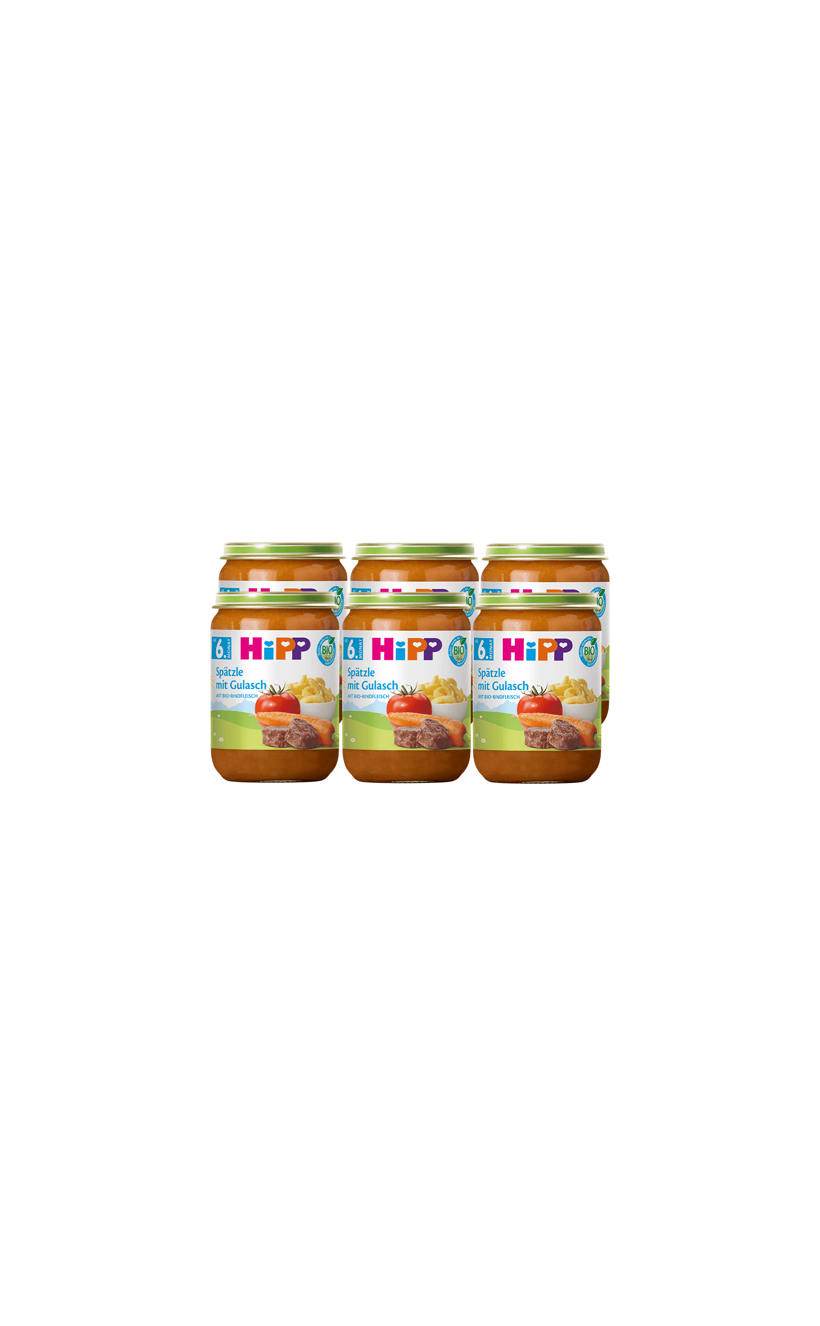 Sechserpack HiPP Bio Babygläschen Spätzle mit Gulasch, 6×190g, vor schwarzem Hintergrund angeordnet