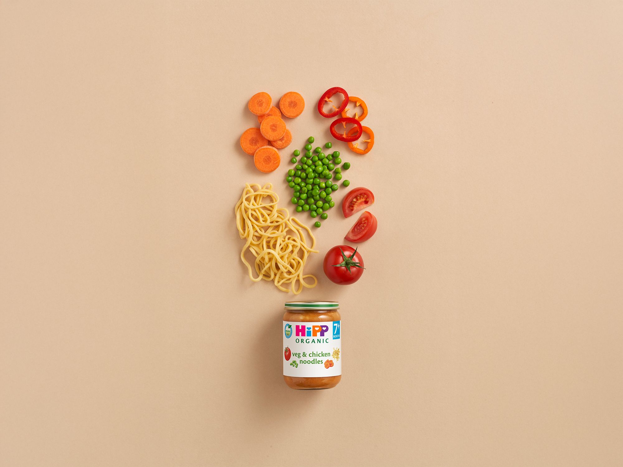 HiPP Organic Veg & Chicken Noodles jar with noodles, carrots, peas, peppers and tomatoes arranged above on a neutral background