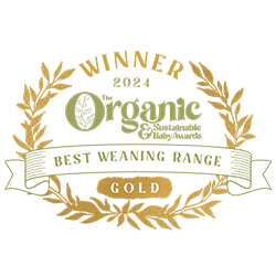 Gold Organic Best Weaning Range 2024 award badge with decorative laurel wreath and ribbon banner