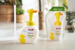 HiPP Kids Handwash Duck and Refill on bath worktop with a tap running