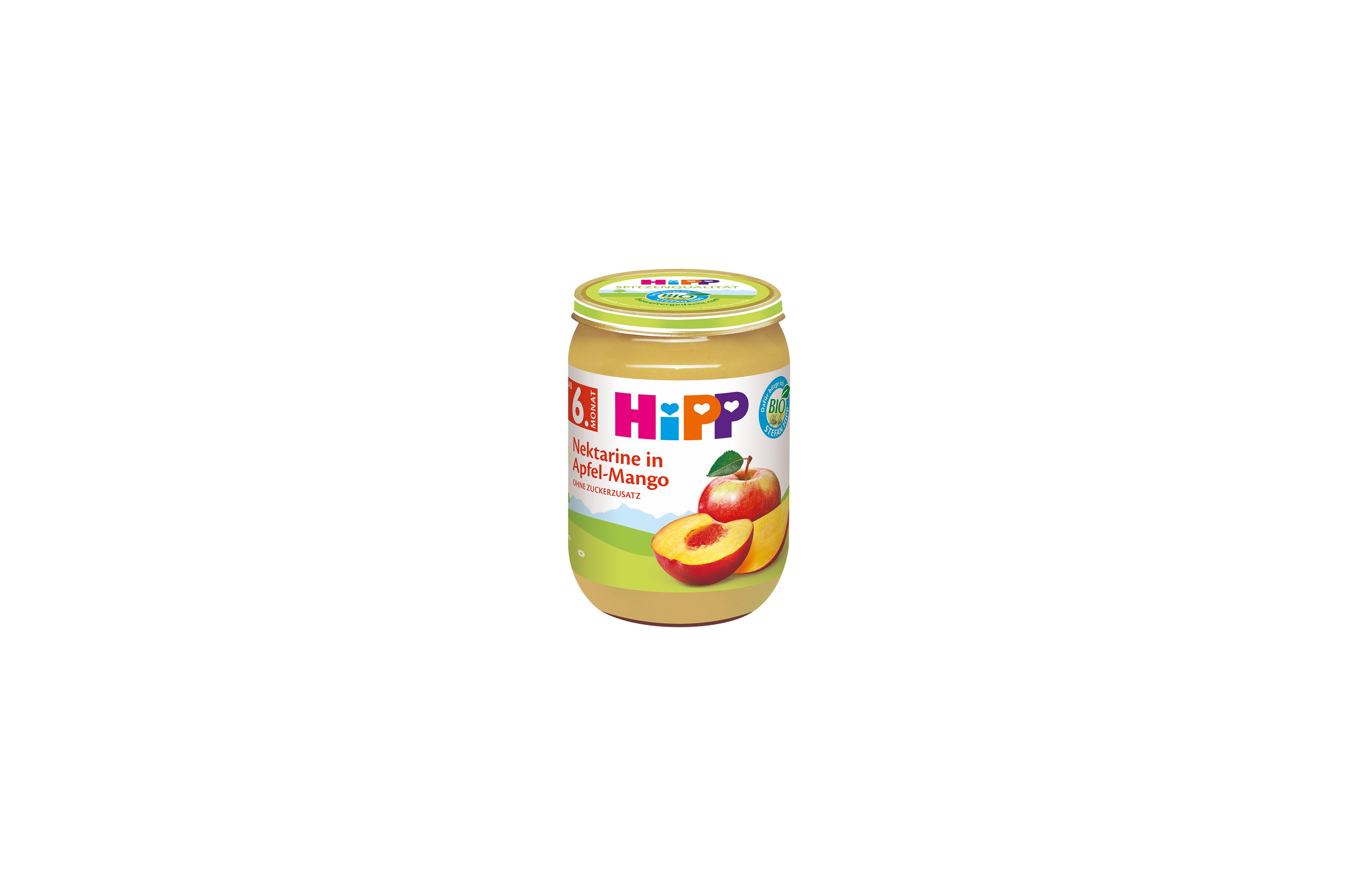 HiPP Bio Babygläschen Nektarine in Apfel-Mango ab 6. Monat, Fruchtpüree im Glas vor weißem Hintergrund
