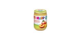 HiPP Bio Babygläschen Nektarine in Apfel-Mango ab 6. Monat, Fruchtpüree im Glas vor weißem Hintergrund