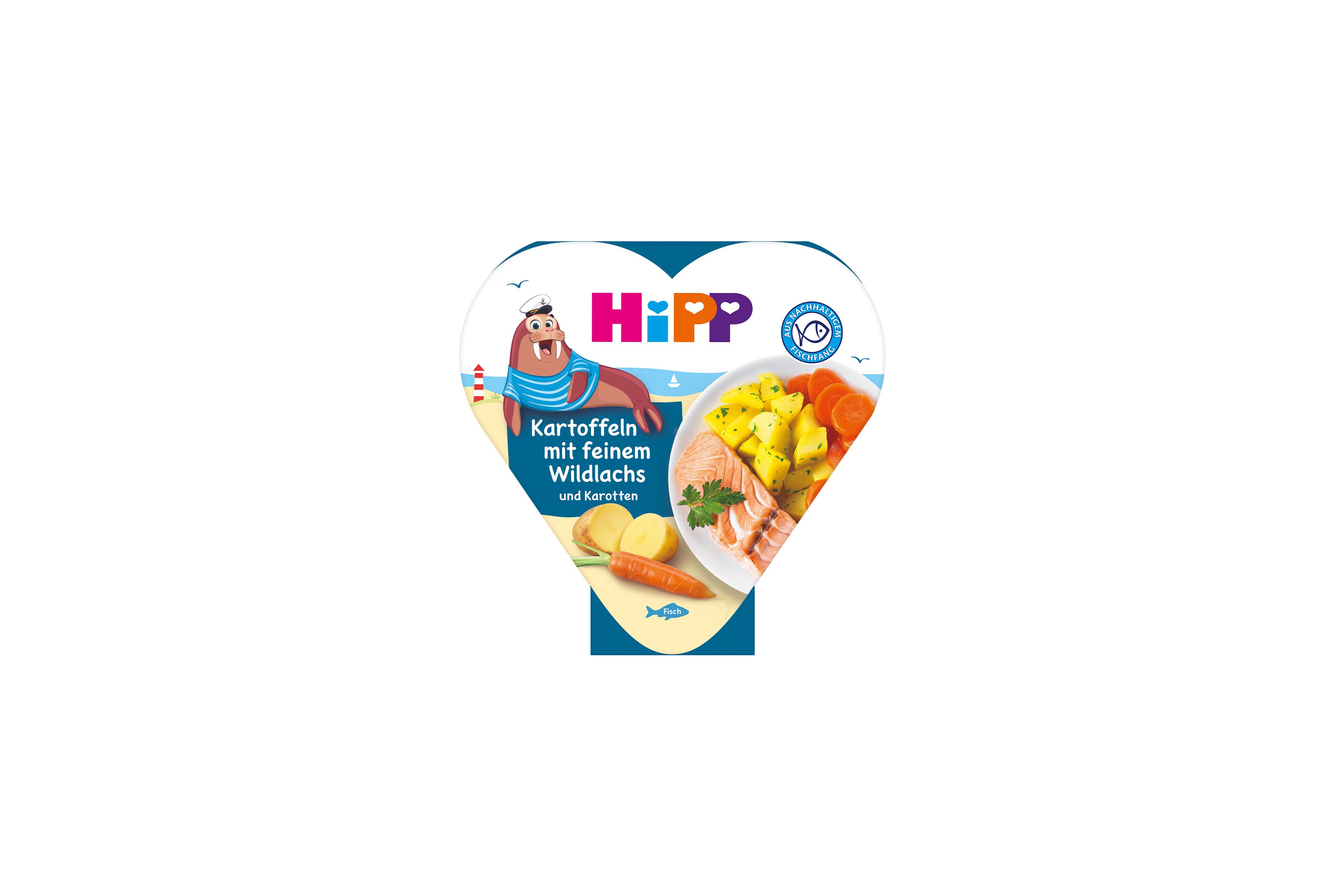 HiPP Bio Babymahlzeit „Kartoffeln mit feinem Wildlachs und Karotten“ in Herzchen-Schale mit Serviervorschlag auf der Verpackung