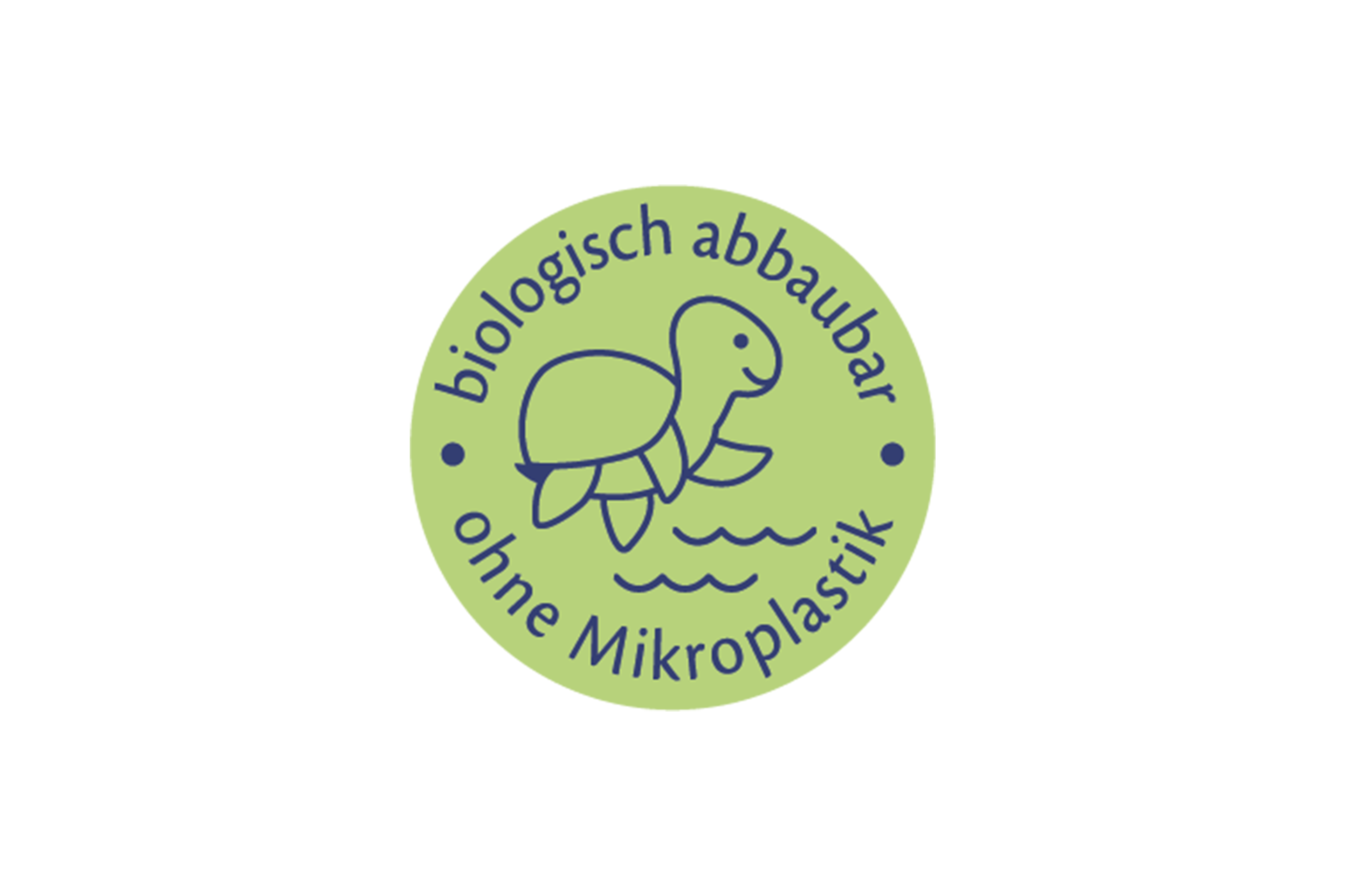 Ein kreisförmiges Abzeichen mit einer blauen Schildkrötenillustration, umgeben von einem Text in deutscher Sprache mit der Aufschrift biologisch abbaubar ohne Mikroplastik.