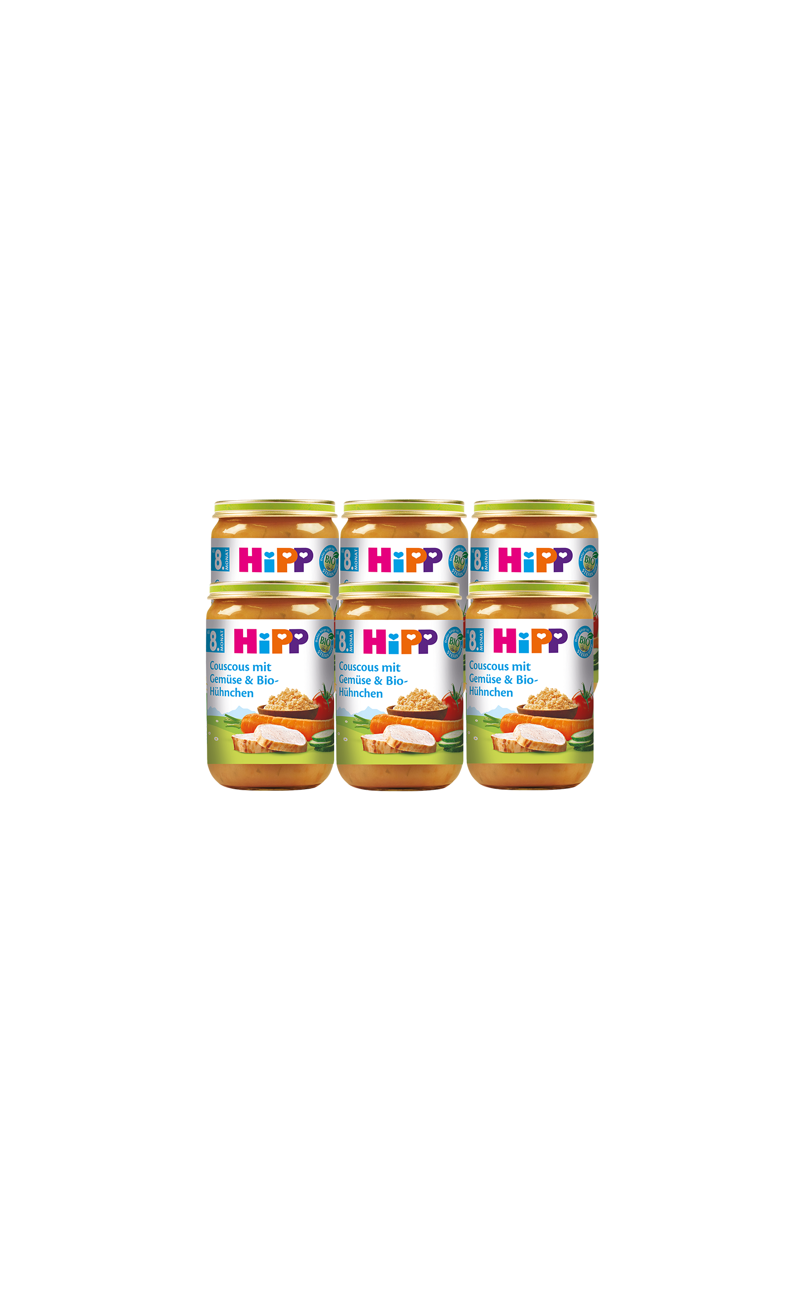 Sechserpack HiPP Bio-Babygläschen Couscous mit Gemüse und Bio-Hühnchen, 6 x 220 g, vor schwarzem Hintergrund