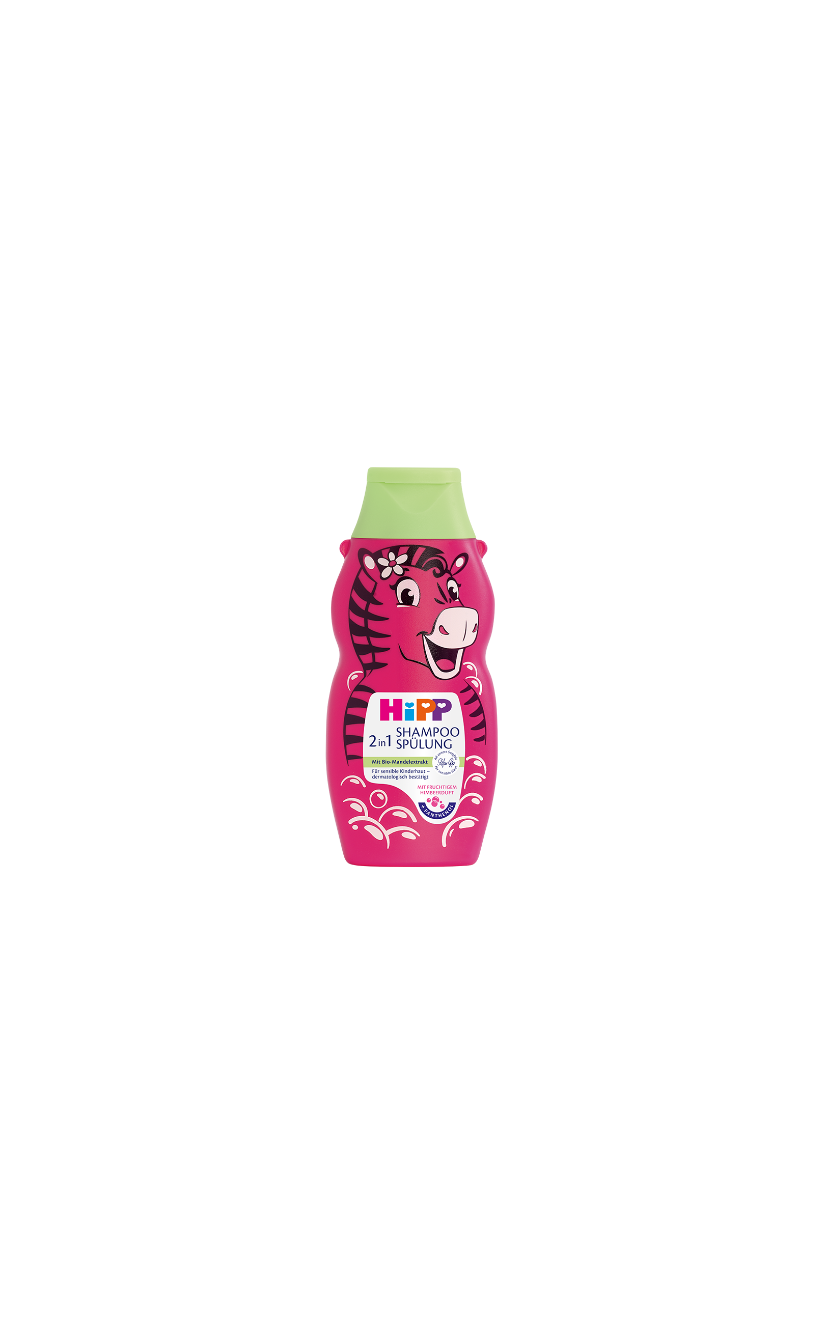 HiPP 2-in-1 Shampoo & Spülung mit Himbeerduft, 300 ml, in pinker Flasche mit Zebra-Motiv