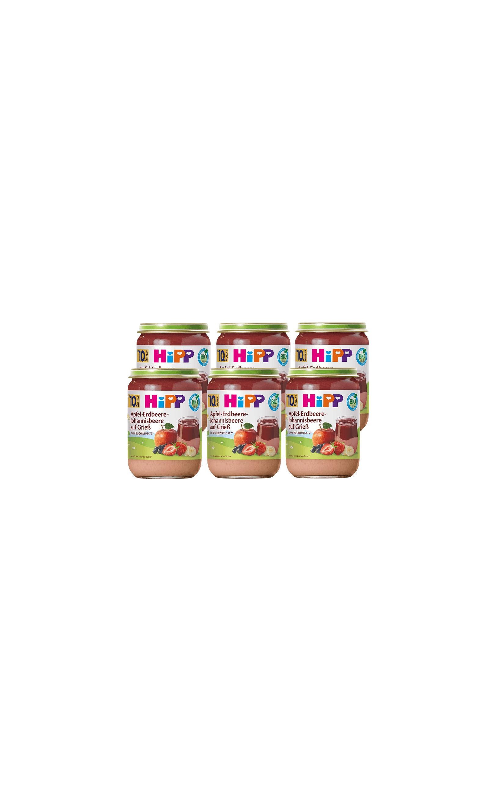 Sechserpack HiPP Bio Babygläschen Apfel-Erdbeere-Johannisbeere auf Grieß, 6 x 190 g, vor schwarzem Hintergrund