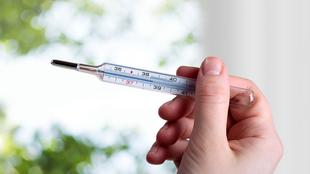 Eine Hand, die ein Thermometer hält, dessen Quecksilberwert leicht über 37 °C liegt.