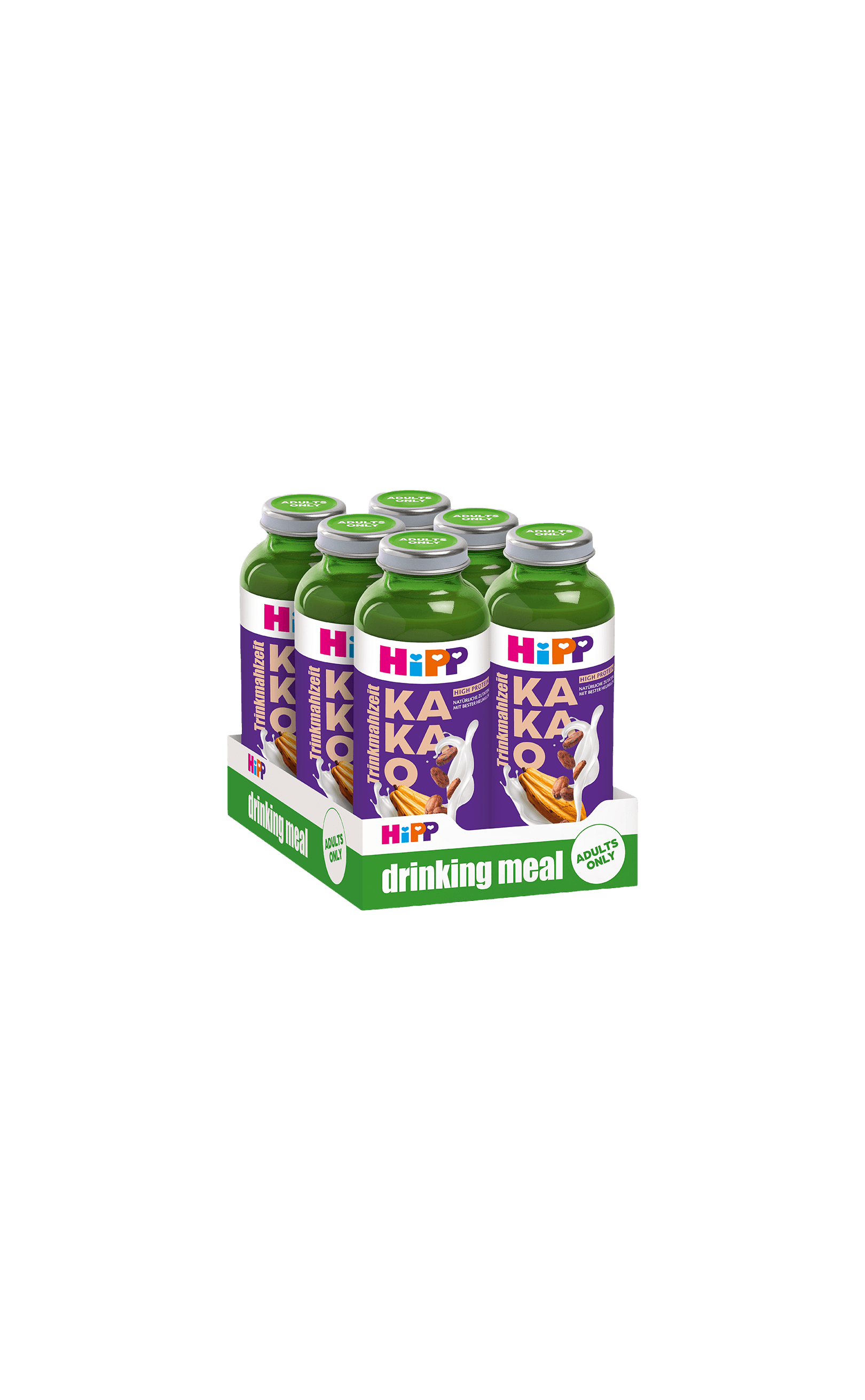 Sechserpack HiPP Trinkmahlzeit Kakao in grüner Tray-Verpackung mit lila Etikett, Aufdruck „drinking meal – adults only“