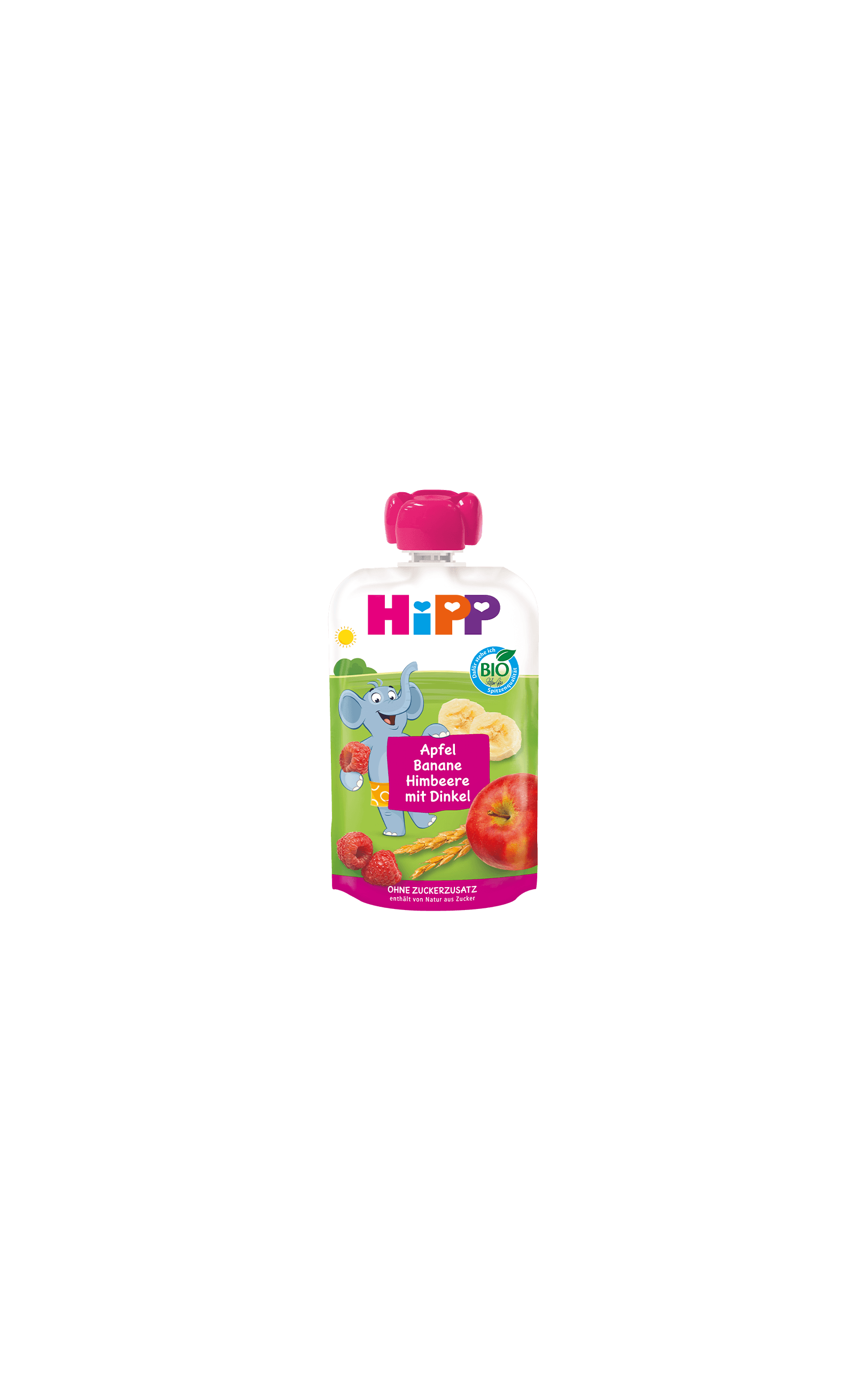 HiPP Bio-Quetschbeutel Apfel Banane Himbeere mit Dinkel mit Elefantenmotiv und Früchten auf der Verpackung vor weißem Hintergrund
