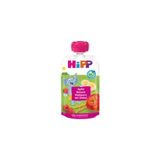 HiPP Bio-Quetschbeutel Apfel Banane Himbeere mit Dinkel mit Elefantenmotiv und Früchten auf der Verpackung vor weißem Hintergrund