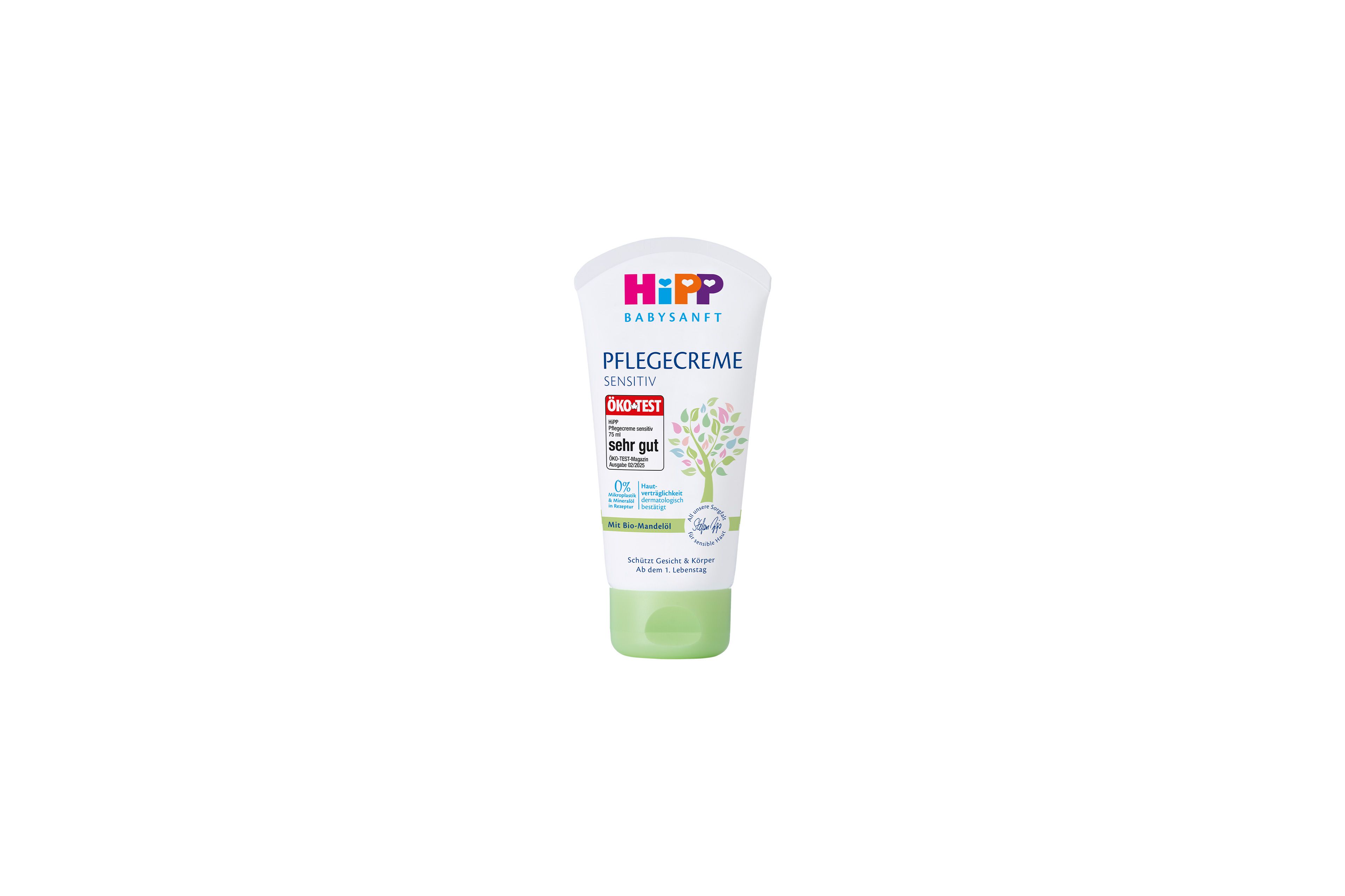 HiPP Babysanft Pflegecreme Sensitiv Tube mit Bio-Mandelöl für zarte Babyhaut, freigestellt auf weißem Hintergrund