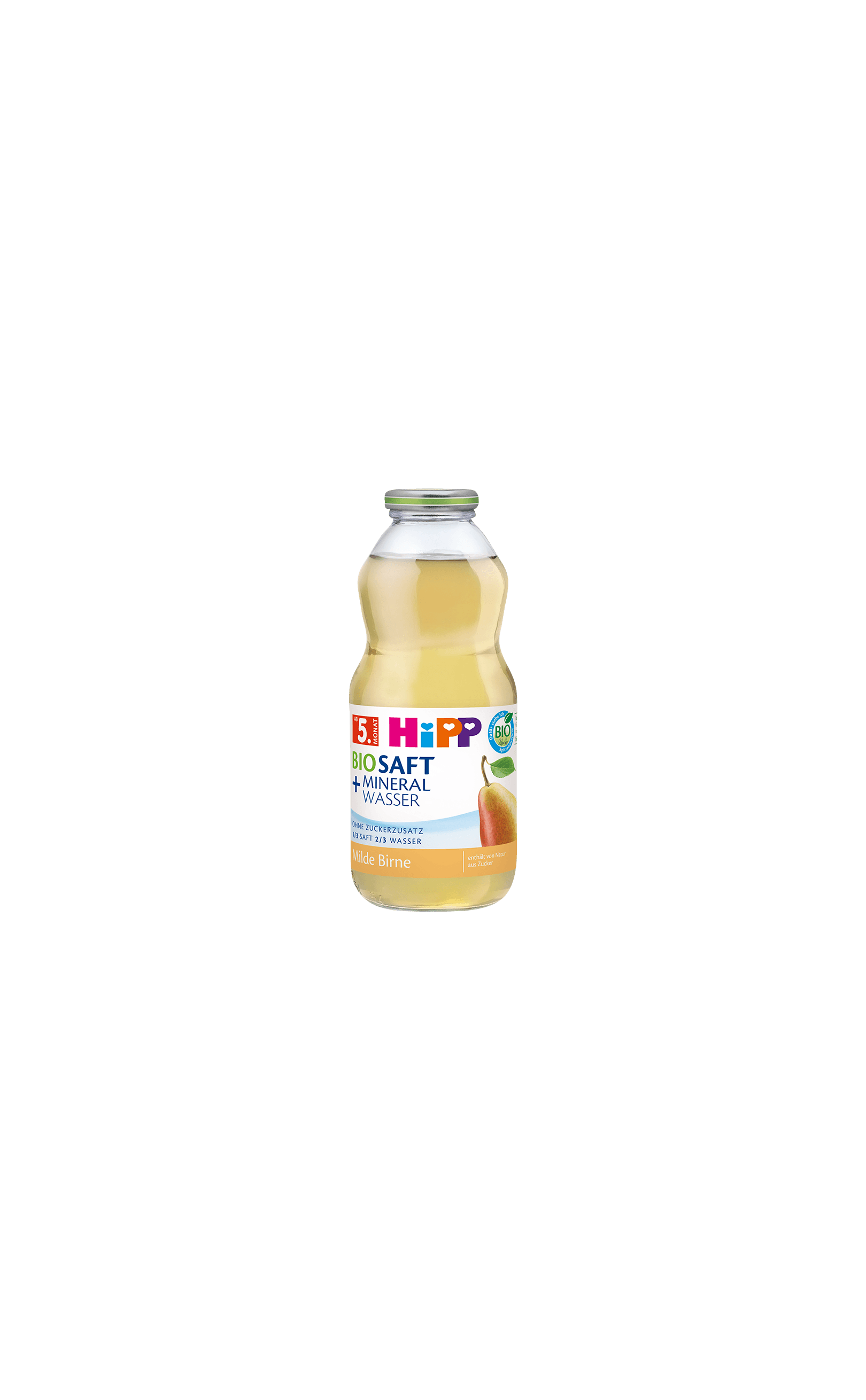 HiPP Bio-Saft & Mineralwasser Milde Birne in 0,5-l-Glasflasche mit Birnenmotiv auf weißem Hintergrund