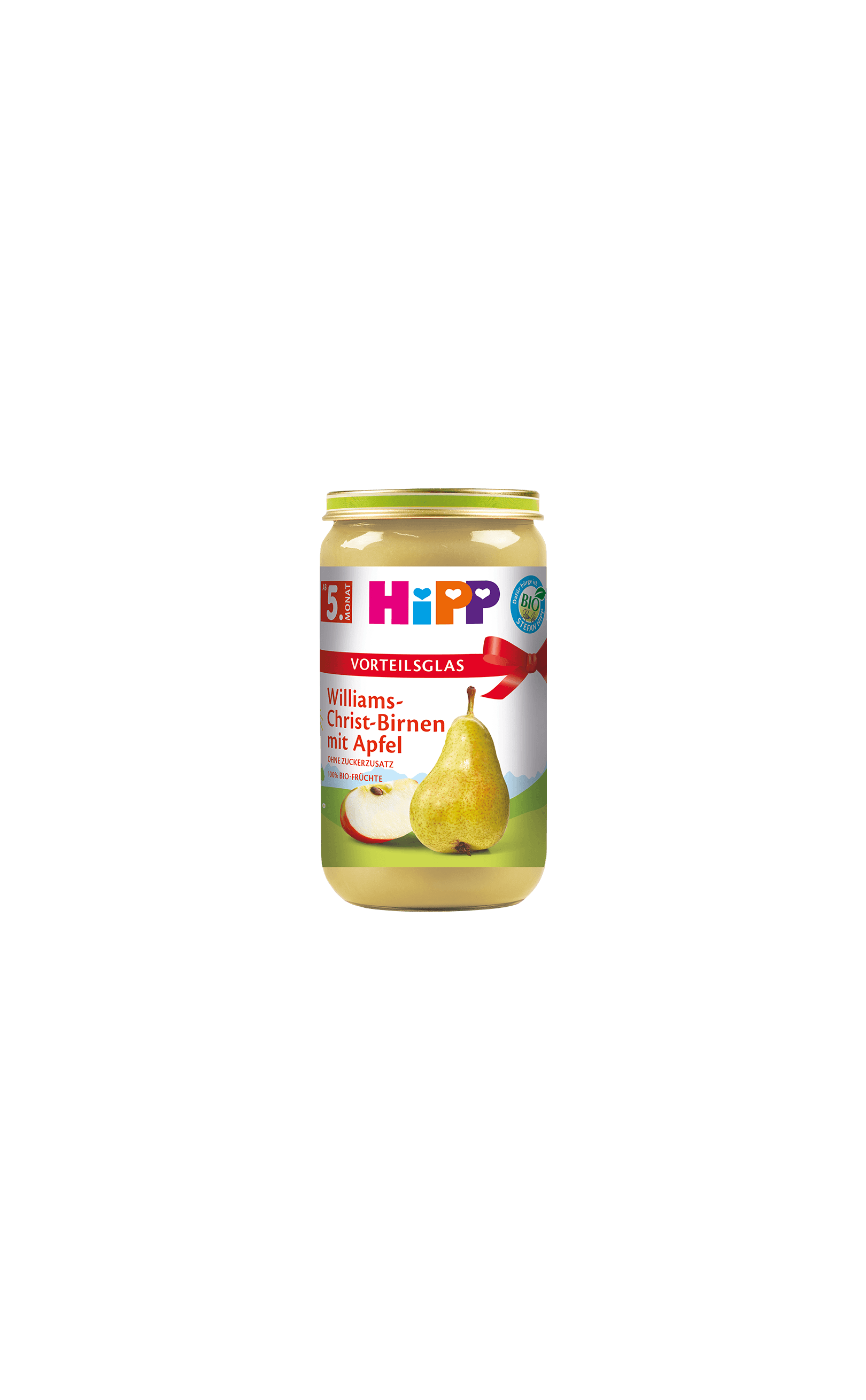 HiPP Bio Fruchtpüree im Vorteils-Glas: Williams-Christ-Birnen mit Apfel, ab 5. Monat, auf weißem Hintergrund