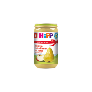 HiPP Bio Fruchtpüree im Vorteils-Glas: Williams-Christ-Birnen mit Apfel, ab 5. Monat, auf weißem Hintergrund