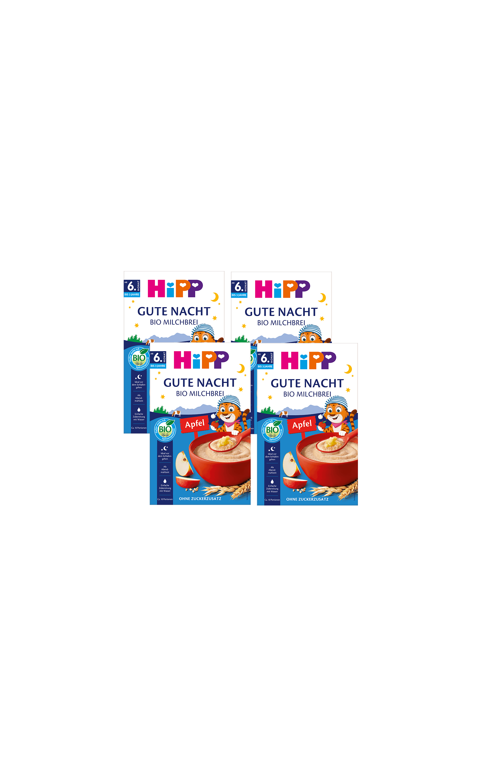 Viererpack HiPP Gute Nacht Bio Milchbrei Apfel, ab 6 Monaten, ohne Zuckerzusatz auf schwarzem Hintergrund angeordnet