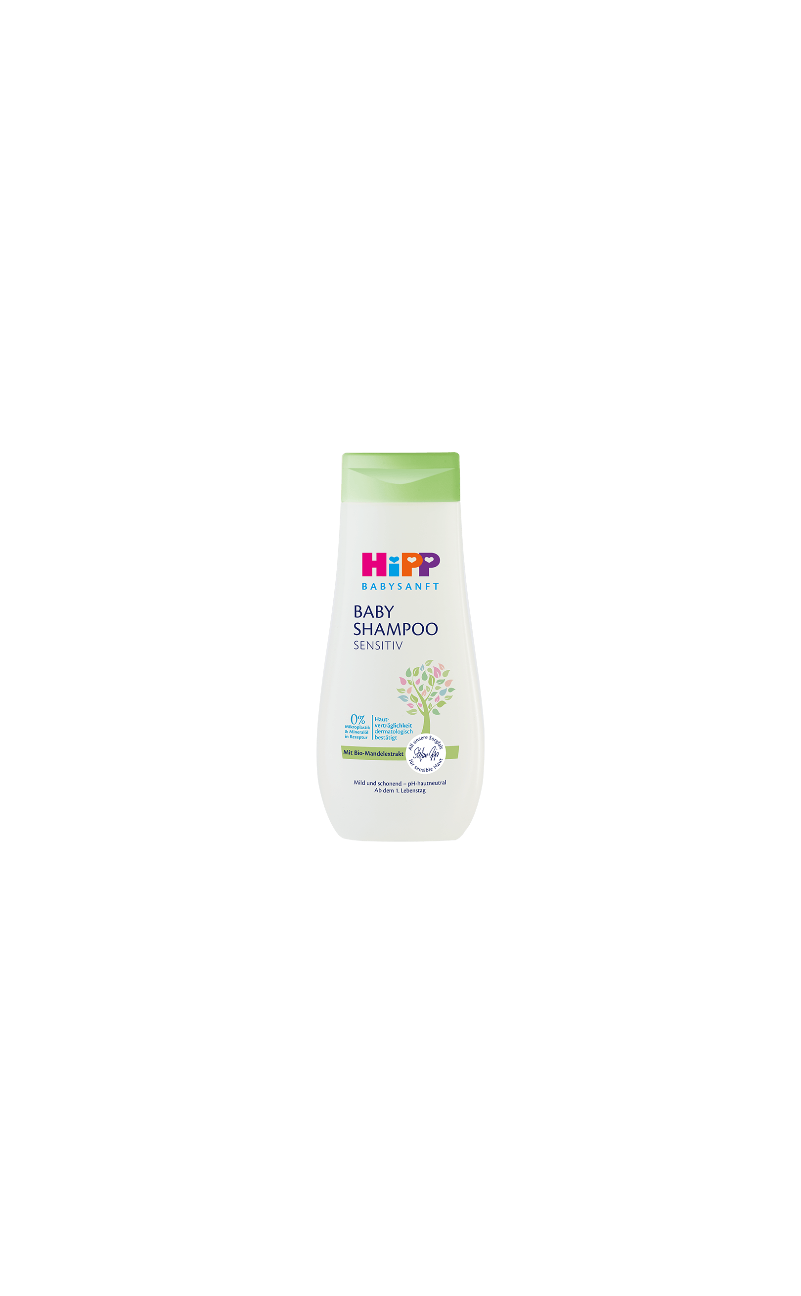 HiPP Babysanft Baby Shampoo Sensitiv 200ml Flasche mit grünem Deckel auf schwarzem Hintergrund