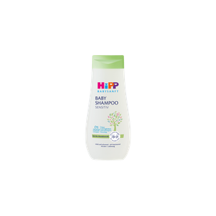HiPP Babysanft Baby Shampoo Sensitiv 200ml Flasche mit grünem Deckel auf schwarzem Hintergrund