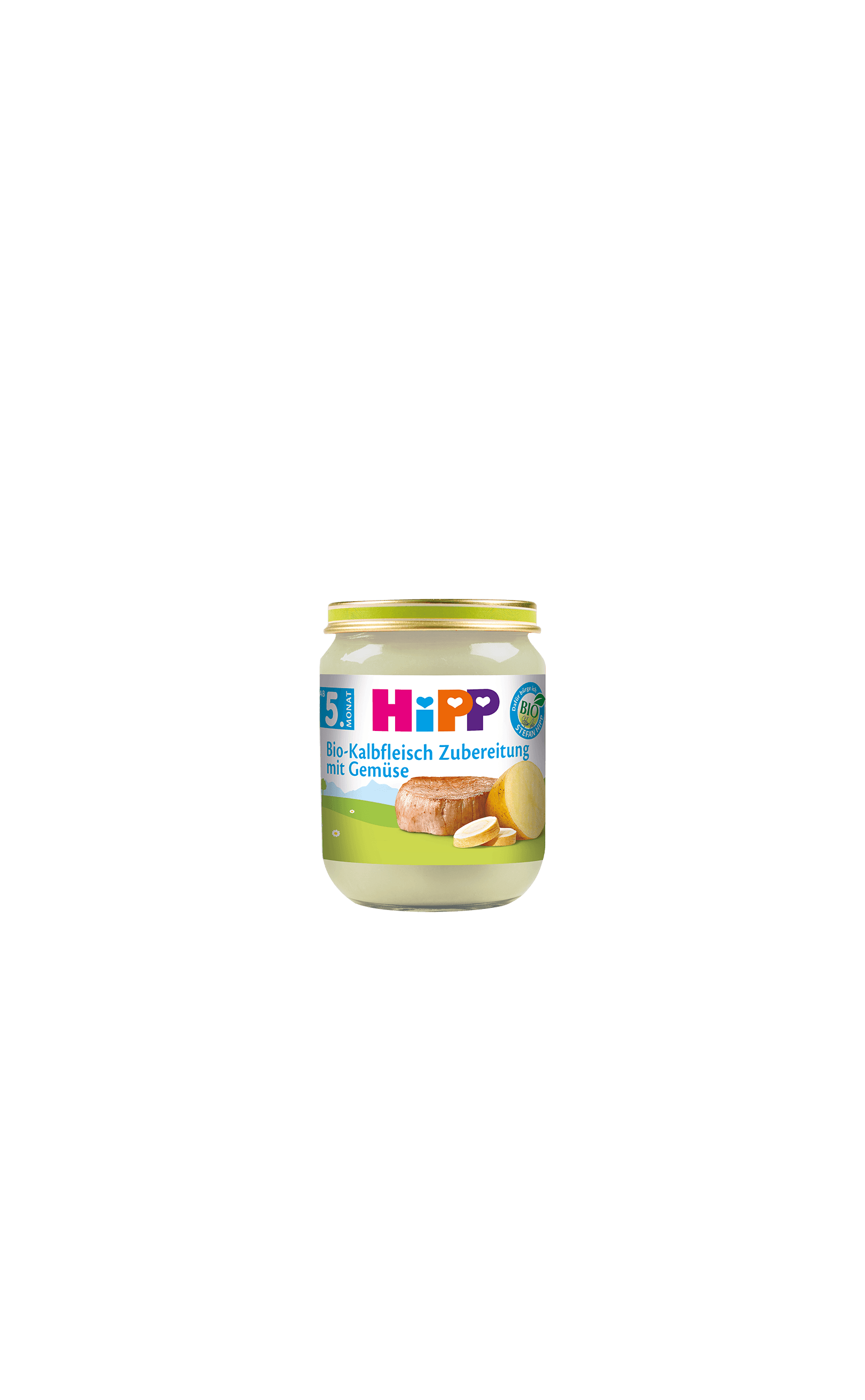 HiPP Bio-Kalbfleisch Zubereitung mit Gemüse im Glas für Babys ab dem 5. Monat, Produktglas vor schwarzem Hintergrund