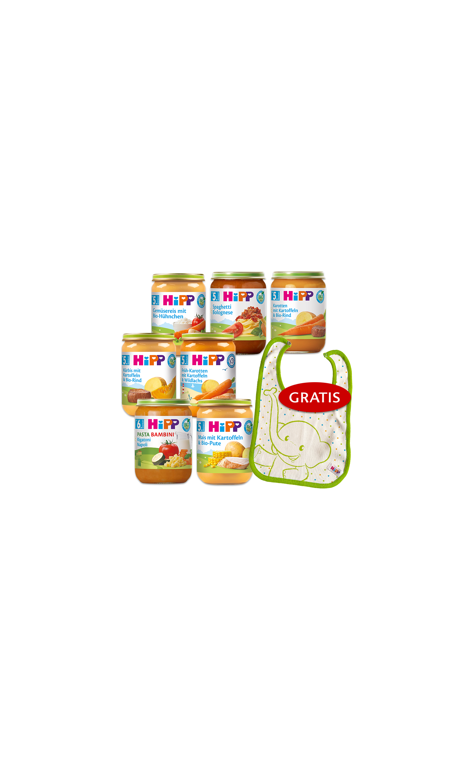 HiPP Bio Babygläschen-Set mit verschiedenen herzhaften Menüs und gratis Lätzchen mit Elefantenmotiv auf schwarzem Hintergrund