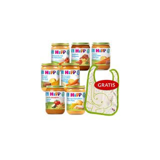 HiPP Beikost Wochenpaket mit sieben Menüs für den 5.–6. Monat und einem gratis Lätzchen mit Elefantenmotiv