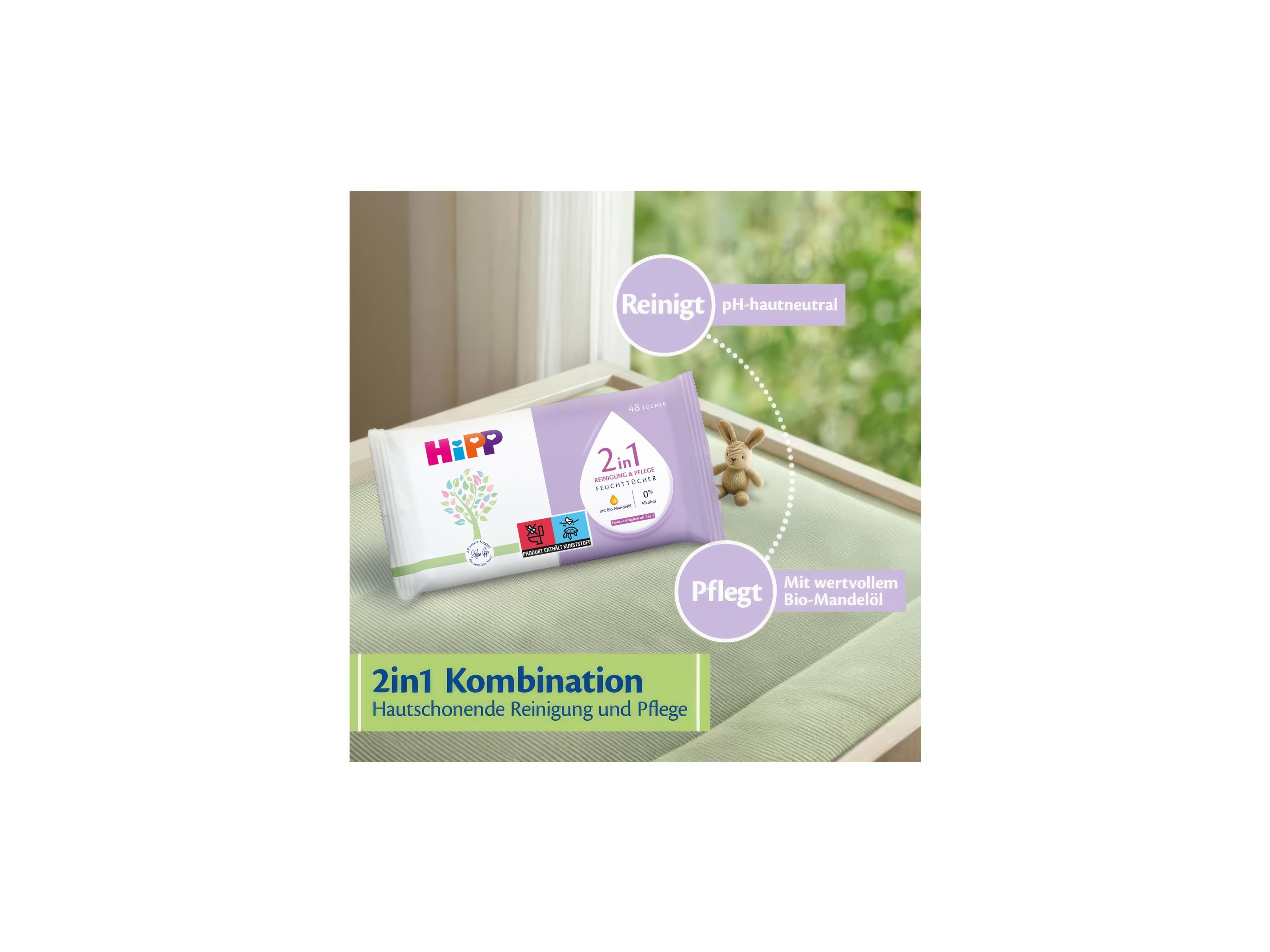 Verpackung eines 2in1-Kombinationsprodukts von HiPP mit Hinweis auf pH-hautneutrale Reinigung und Pflege mit wertvollem Bio-Mandelöl auf einem weißen Untergrund