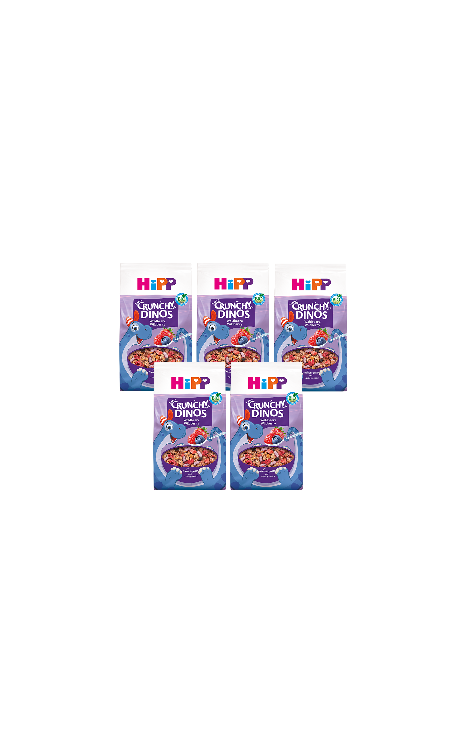 Fünferpack HiPP Crunchy Dinos Bio-Kinder-Cerealien mit Beerenmotiv auf lila Verpackung vor schwarzem Hintergrund