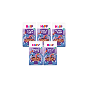Fünferpack HiPP Crunchy Dinos Bio-Kinder-Cerealien mit Beerenmotiv auf lila Verpackung vor schwarzem Hintergrund