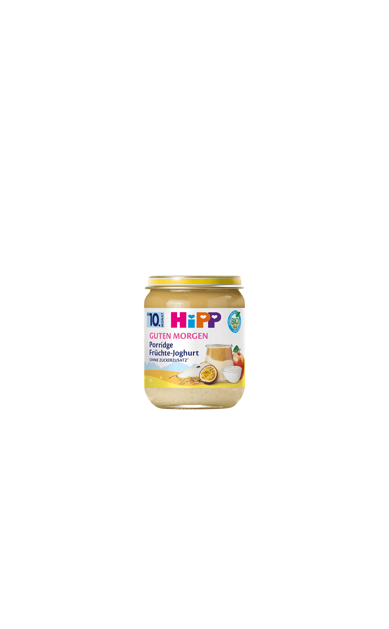 HiPP Guten Morgen Porridge Früchte-Joghurt Bio-Babybrei im Glas mit Frucht- und Joghurtmotiv auf gelbem Etikett