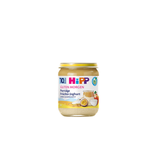 HiPP Guten Morgen Porridge Früchte-Joghurt Bio-Babybrei im Glas mit Frucht- und Joghurtmotiv auf gelbem Etikett