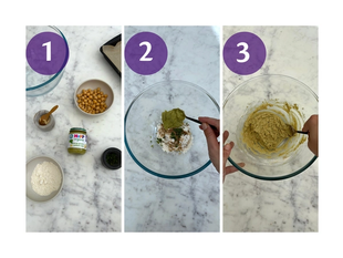 Step-by-step mixing of chickpeas, HiPP Organic cheesy potato & spinach bake and flour in a bowl to make baby falafel bites.