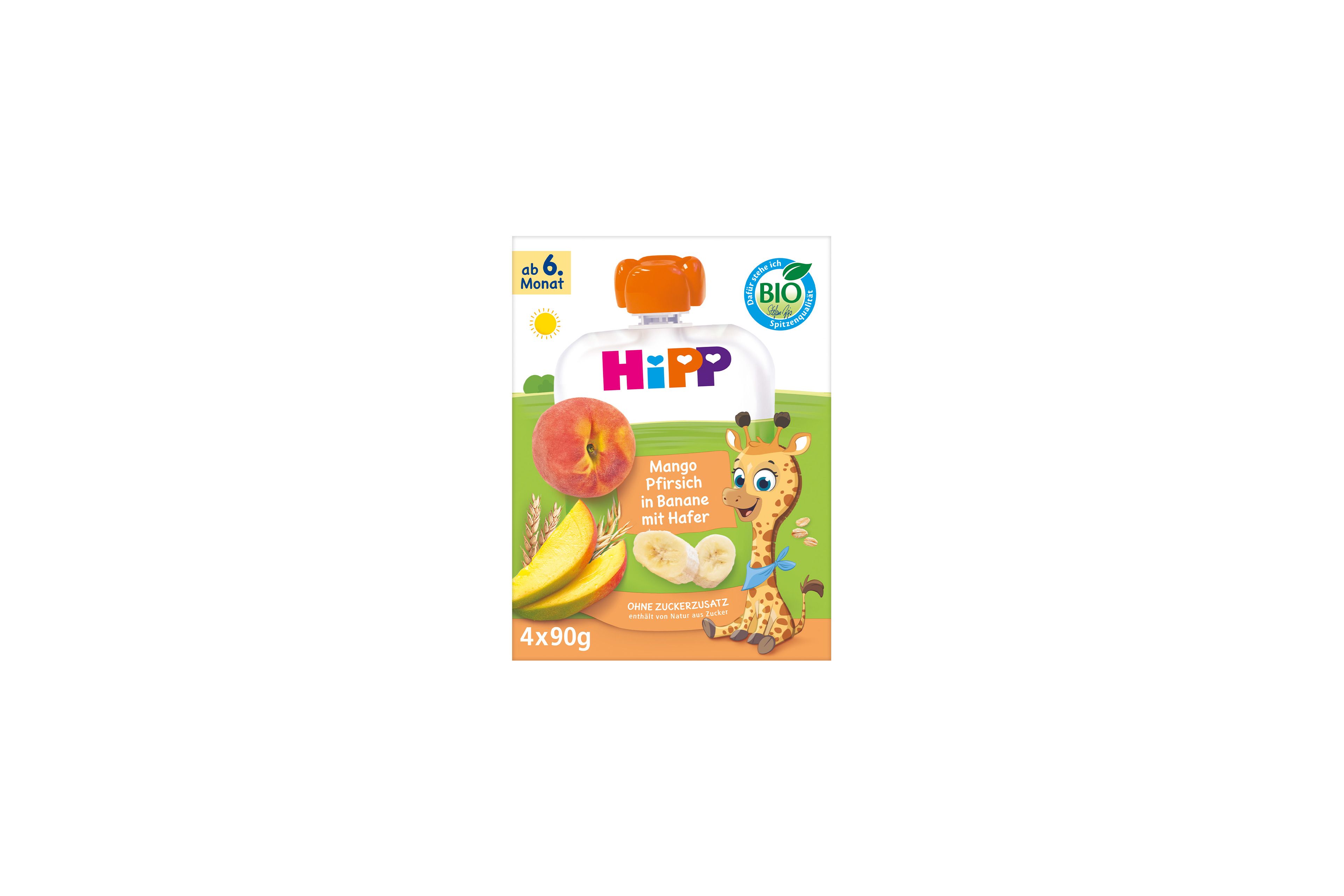 HiPP Bio Fruchtporridge Quetschie Mango Pfirsich in Banane mit Hafer, 4x90g, ab 6. Monat mit Giraffenmotiv auf der Packung