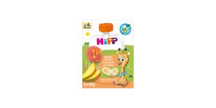 HiPP Bio Fruchtporridge Quetschie Mango Pfirsich in Banane mit Hafer, 4x90g, ab 6. Monat mit Giraffenmotiv auf der Packung