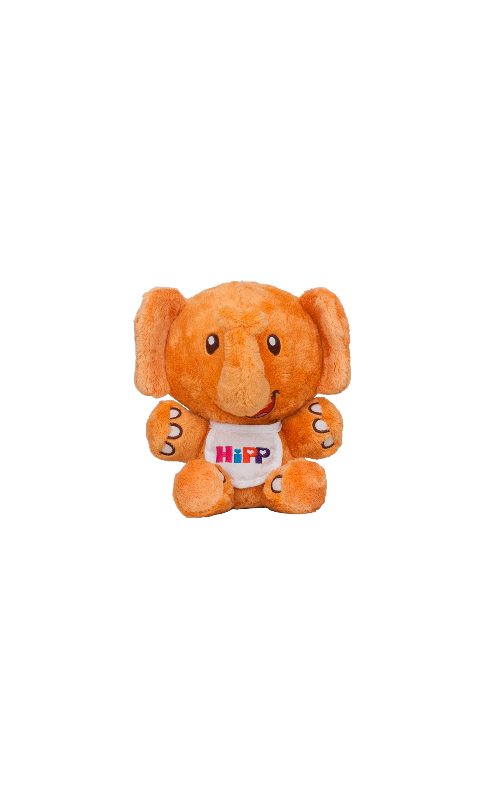 Orangefarbener Plüsch-HiPPofant mit großen Ohren und weißem Lätzchen mit buntem HiPP Logo