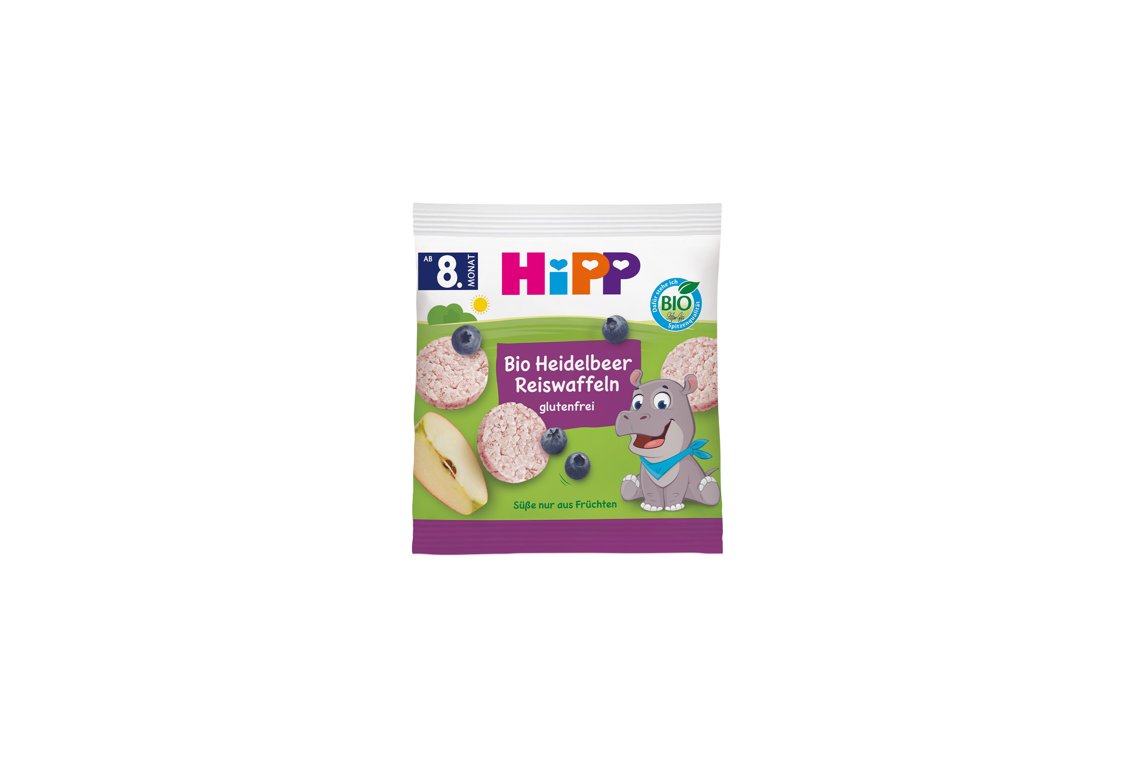 HiPP Bio Heidelbeere Reiswaffeln Packung für Babys ab 8 Monaten mit Reiswaffeln, Heidelbeeren, Apfelstück und Nilpferd-Motiv