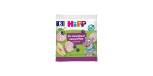 HiPP Bio Heidelbeere Reiswaffeln Packung für Babys ab 8 Monaten mit Reiswaffeln, Heidelbeeren, Apfelstück und Nilpferd-Motiv