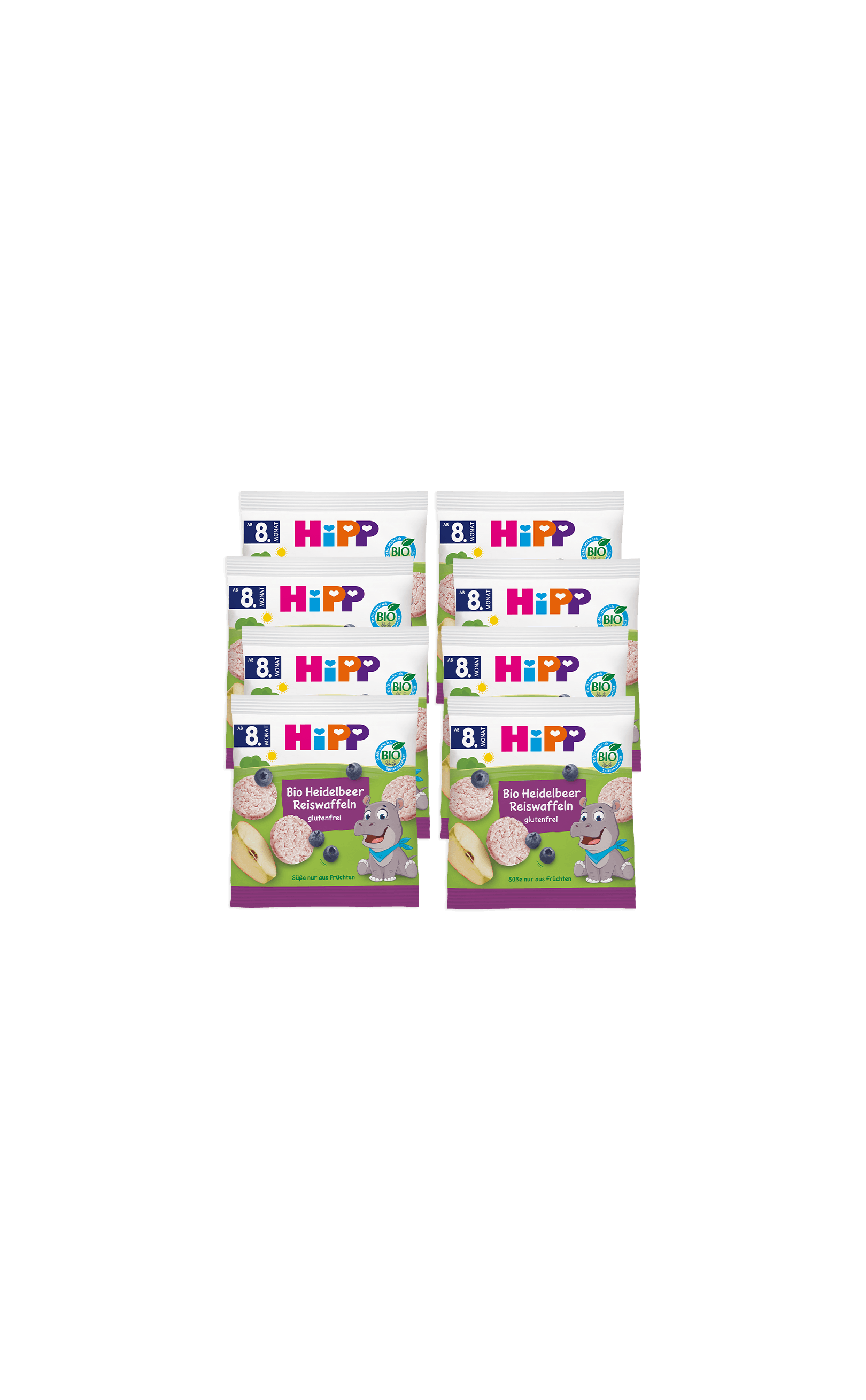 Acht Beutel HiPP Bio Heidelbeer Reiswaffeln ab 8 Monaten, als 8x30g Vorratspackung für kleine Snackpausen.