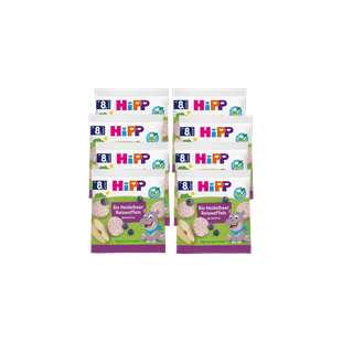 Acht Beutel HiPP Bio Heidelbeer Reiswaffeln ab 8 Monaten, als 8x30g Vorratspackung für kleine Snackpausen.